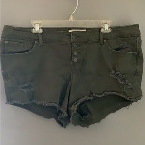 Distressed army green jean shorts